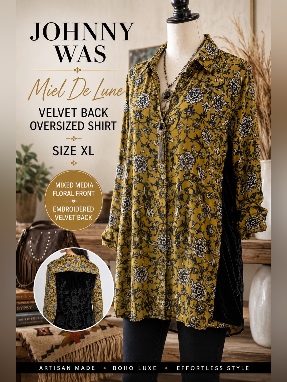 Johnny Was Workshop Miel De Lune Velvet Back Oversized Shirt XL